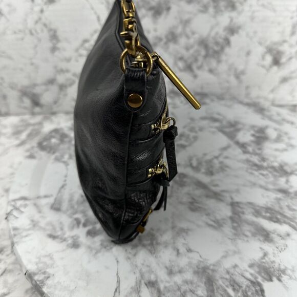 Elliott Lucca Black Leather Crossbody Brass Multi Zipper Pockets Chain Strap - Picture 5 of 10